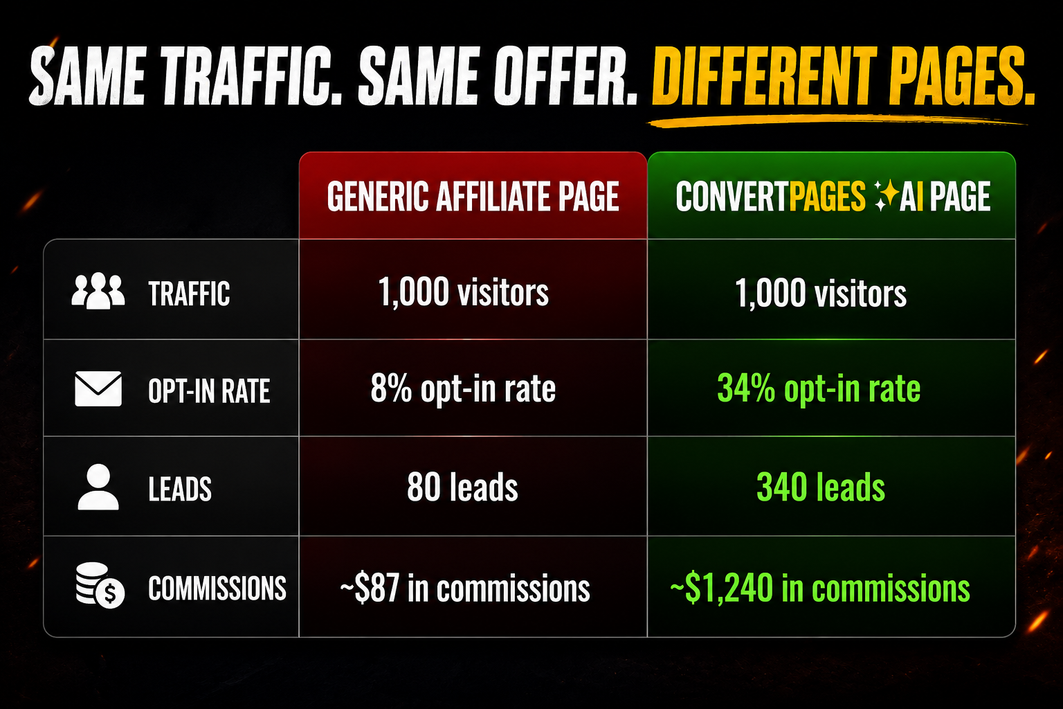 Conversion comparison — generic affiliate page vs ConvertPages AI